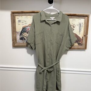Olive Green Button-Up Dress with Belt